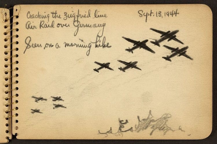 France. Cracking the Zeigfried [i.e. Siegfried] line, air raid over Germany Seen on a morning hike. "...we would see that in Normandy but also when we were in combat, at least two times, and boy, did that cheer us up on the ground." (September 13, 1944)