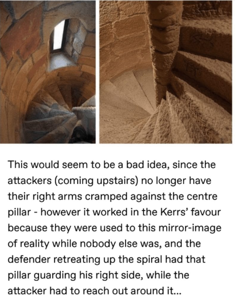retreating up spiral had pillar guarding his right side while attacker had reach out around This Online Thread Discusses How Fierce Medieval Battle Tactics Really Were