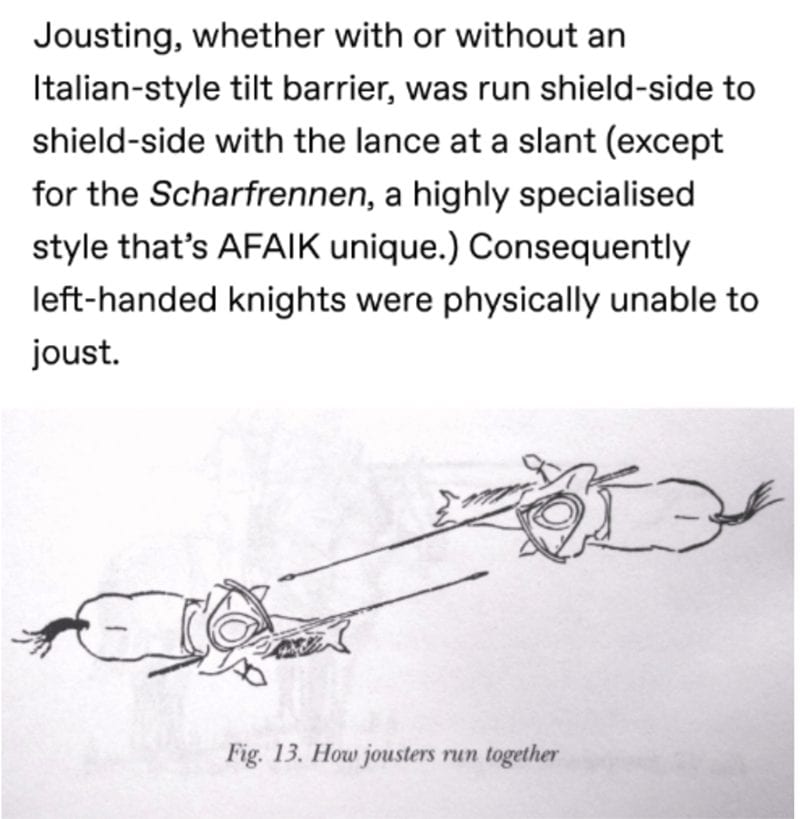 unique consequently left handed knights were physically unable joust fig 13 jousters run together This Online Thread Discusses How Fierce Medieval Battle Tactics Really Were