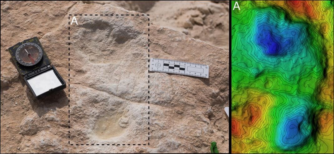The first human footprint discovered at Alathar (left) and a digital elevation model that helped researchers discern its details (right). (Stewart et al., 2020)