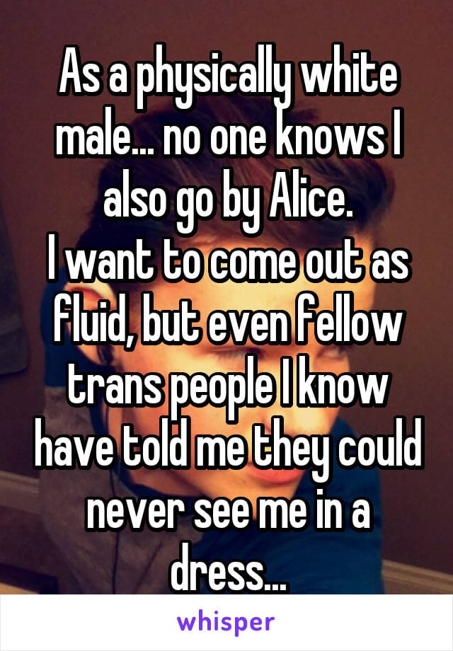As a physically white male... no one knows I also go by Alice. I want to come out as fluid, but even fellow trans people I know have told me they could never see me in a dress...