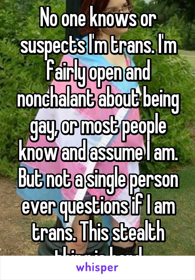 No one knows or suspects I'm trans. I'm fairly open and nonchalant about being gay, or most people know and assume I am. But not a single person ever questions if I am trans. This stealth thing is hard.