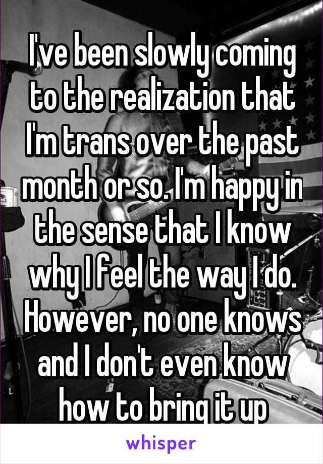 I've been slowly coming to the realization that I'm trans over the past month or so. I'm happy inthe sense that I know why I feel the way I do. However, no one knows and I don't even know how to bring it up.