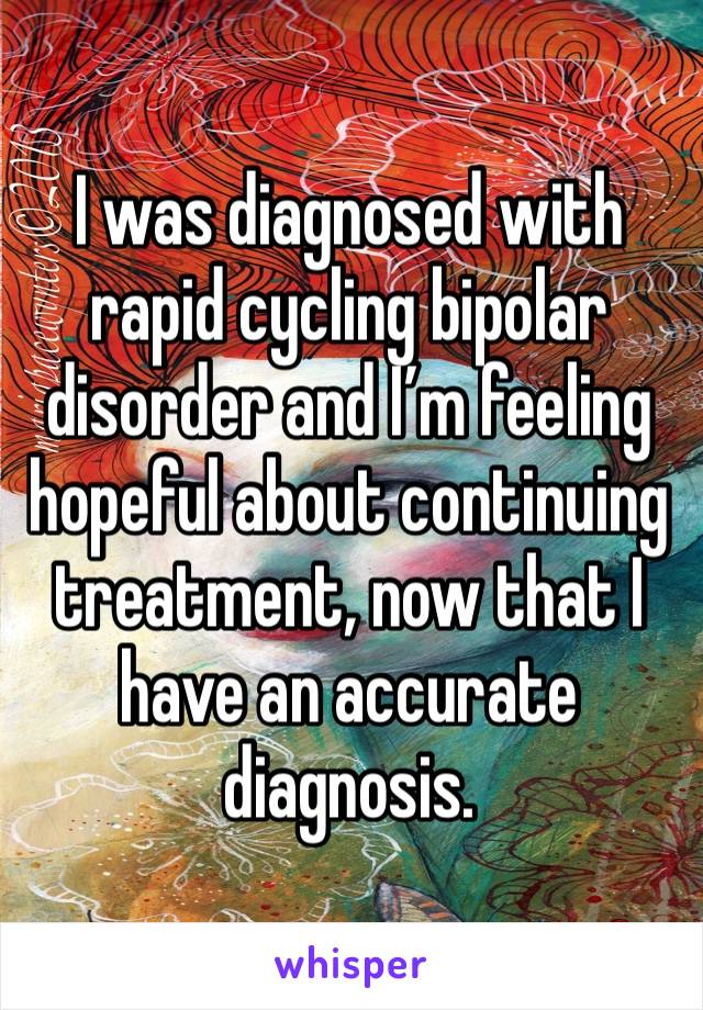 I was diagnosed with rapid cycling bipolar disorder and I'm feeling hopeful about continuing treatment, now that I have an accurate diagnosis.