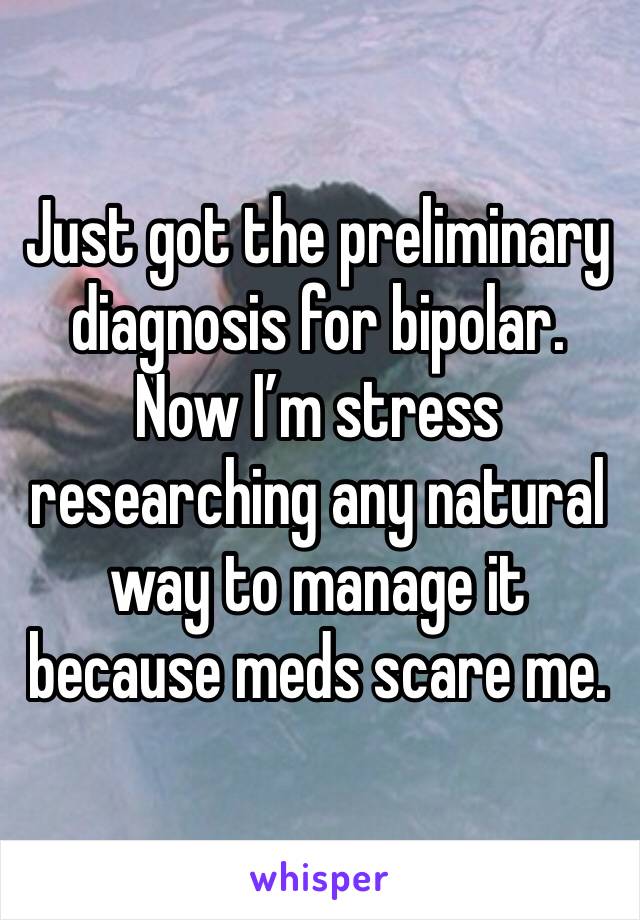 Just got the preliminary diagnosis for bipolar. Now I'm stress researching any natural way to manage it because meds scare me.