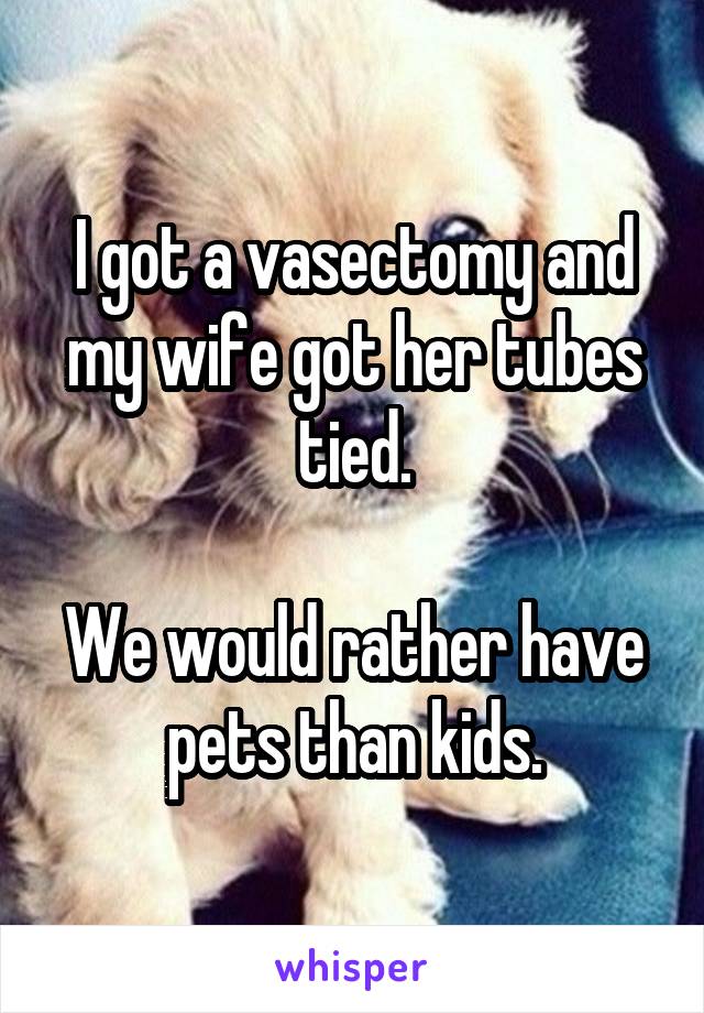 I got a vasectomy and my wife got her tubes tied. We would rather have pets than kids.