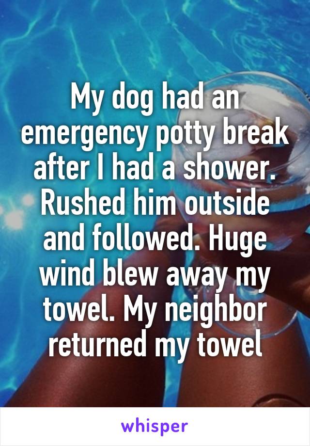 My dog had an emergency potty break after I had a shower. Rushed him outside and followed. Huge wind blew away my towel. My neighbor returned my towel.