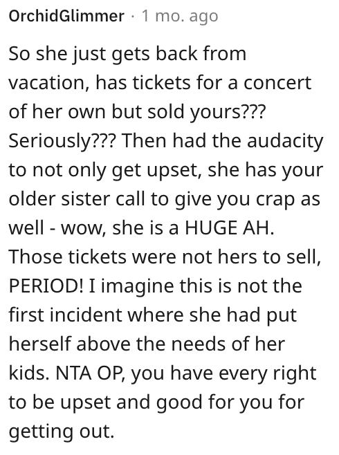 She Moved Out After Her Mom Sold Her Concert Tickets Was She Wrong