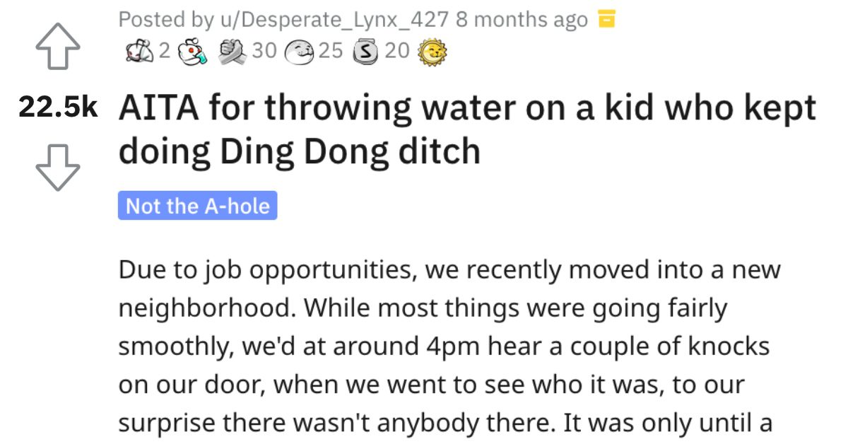Person Asks if They’re Wrong for Throwing Water on a Kid Who Ding Dong