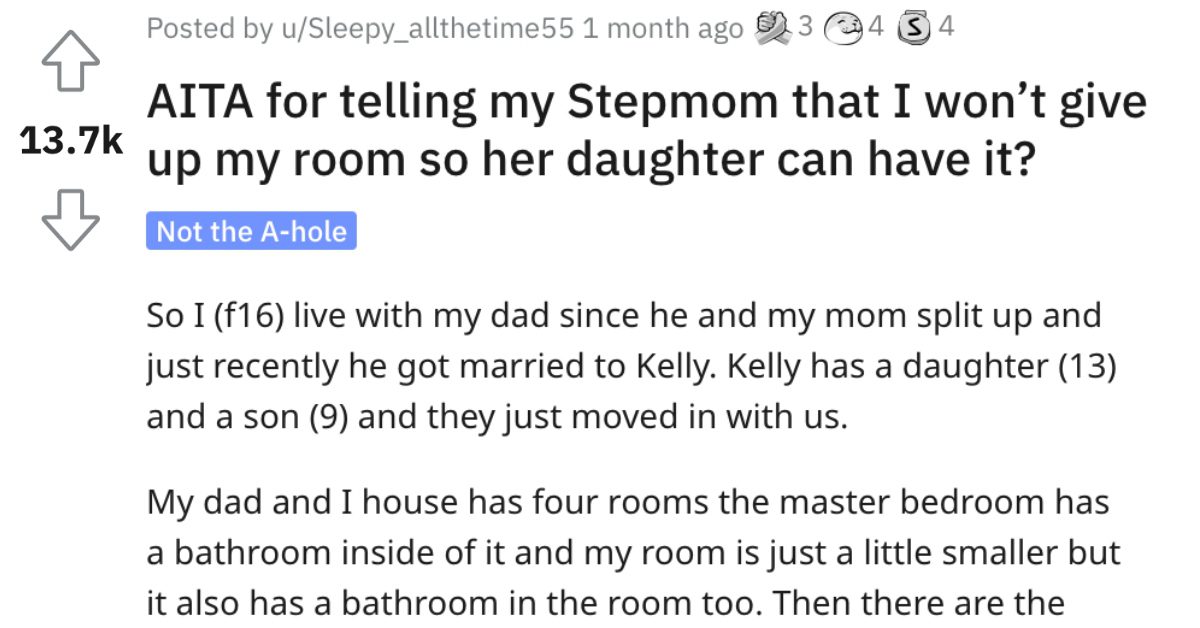 Teenager Asks If Shes A Jerk For Not Giving Up Her Room To Her Stepsister 